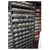 Shelf unit w/98 metal parts bins w/extra shelving