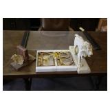 Marble bookends, lion statue, 2 marble letters