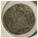 1858 HALF DIME   OVER INVERTED DATE (PLUGGED)