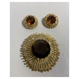 Vintage Amber Starburst Broach and Earring set