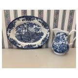 Blue & White Churchill Platter & Pitcher