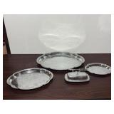 Silver Tone Serving Platters and Butter Dish