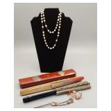Japanese Jewelry, Lacquer Ware & Fan Lot Japanese Jewelry, Lacquer Ware & Fan Lot