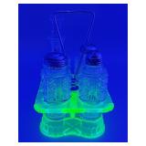 Antique Vaseline Glass Condiment Set Antique Vaseline Glass Condiment Set
