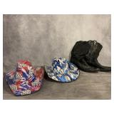 LEATHER COWBOY BOOTS & BUDWEISER CARBOARD HATS