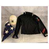 US NAVY CRACKER JACK JUMPER, HARD HAT, & FLAG