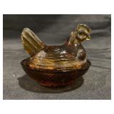 HEN ON NEST AMBER GLASS COVERED DISH