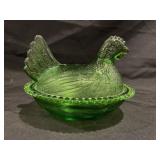 HEN ON NEST GREEN GLASS CANDY DISH