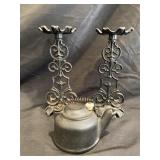 CAST IRON TEA KETTLE AND CANDLE STANDS