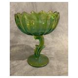 GREEN CARNIVAL GLASS COMPOTE LOTUS BLOSSOM PATTERN