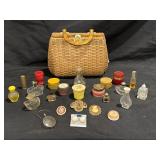 WICKER PURSE TORTOISE HANDLE, AVON PERFUME BOTTLES