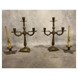 BRASS CANDELABRA AND CANDLE HOLDERS