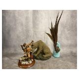 WOLF INDIAN FIGURINES PHEASANT FEATHERS