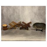 BOOK HOLDERS, LEATHER KOOSIE, SILVER PLATED TRAY