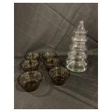 GLASS CHRISTMAS TREE CANDY JAR & CUSTARD CUPS