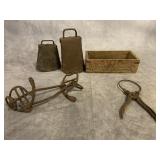 CHEESE BOX , COWBELLS, HORSE BIT & JAR OPENER
