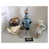 Andre glass clown bottle, lampshades and teapot