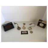 3 Pocket watches with billfold and desk clock