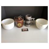 Cheese crackers, Stein mug, mixing bowls