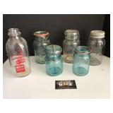 Blue ball jars and carnation milk bottle