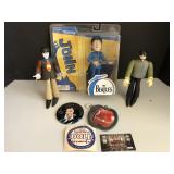 Beatles figurines and Elvis button