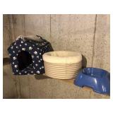 Pet house, bed, and dish
