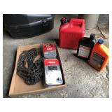 Chainsaw chains, gas can and bar oil