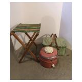 Stool, Therma jug, tin picnic basket