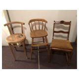 Wooden rocker, highchair, wicker chair