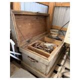 Wooden chest with tools and contents