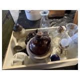 Crock jug and kerosene lamps