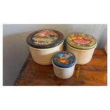 3 crocks/ painted lids