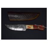 A Contemporary Damascus Steel Fixed-Blade Hunting Knife with Leather Sheath