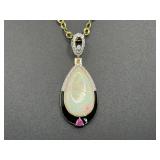 14K Two-Tone Gold, 13.24 Carat Natural Opal, Pink Sapphire, and Diamond Pendant Necklace