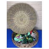8" Vtg Wicker Sewing Basket & Contents