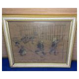 Vtg Folk Art Framed Sketch 9x11