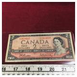 1954 Canadian $2 Banknote Paper Money Bill