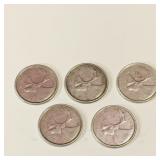Lot Of 5 Silver 1960 Canadian 25 Cent Coins