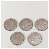 Lot Of 5 Silver 1965 Canadian 25 Cent Coins