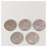 Lot Of 5 Silver 1964 Canadian 25 Cent Coins