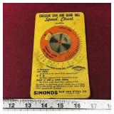 Simonds Saw & Steel Co. Speed Chart (Vintage)