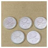 Lot Of 5 Silver 1964 Canadian 25 Cent Coins