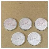 Lot Of 5 Silver 1965 Canadian 25 Cent Coins