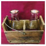 Lot Of 2 Quart Milk Bottles & Wooden Carrier