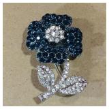Blue & Silver Tone Rhinestones Flower Brooch