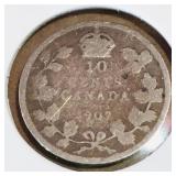 Silver 1907 Canadian 10 Cent Coin