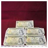 Lot Of 5 $1 1973 Canadian Paper Money Bills