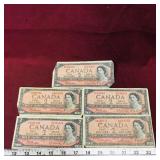 Lot Of 5 $2 1954 Canadian Paper Money Bills