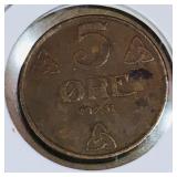 1951 Norwegian 5 Ore Coin