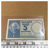 1955 Norway 5 Fem Kroner Paper Money Bill